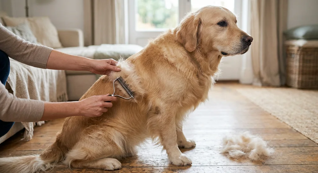 Kobieta wyczesuje specjalnym zgrzebłem gęsty podszerstek z sierści golden retrievera siedzącego na drewnianej podłodze.
