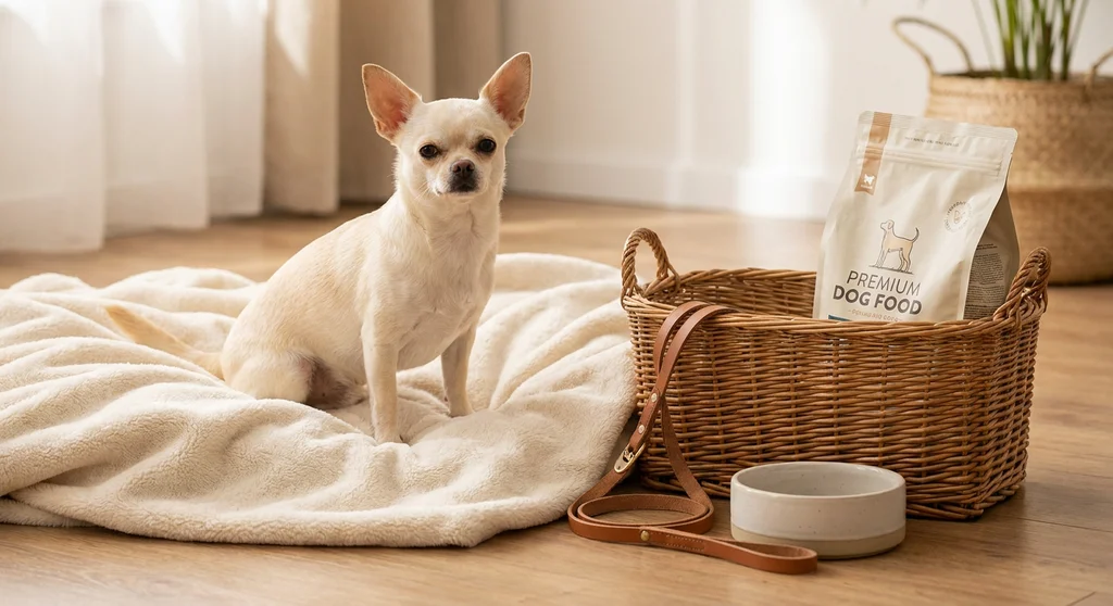 Kremowy chihuahua siedzi na kocu obok ceramicznej miski, skórzanej smyczy i karmy premium w wiklinowym koszu.