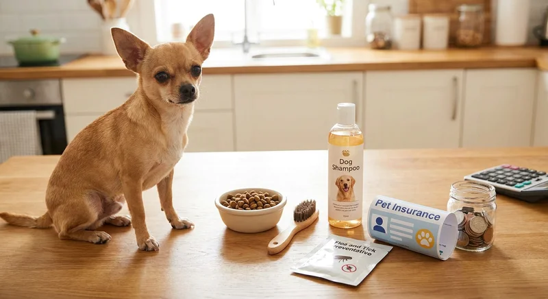 Chihuahua siedzący na stole obok karmy, przyborów pielęgnacyjnych, ubezpieczenia i słoika z monetami.
