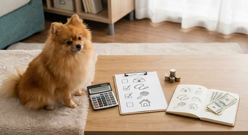 Rudawy pomeranian siedzący obok kalkulatora, listy kontrolnej, monet i banknotów dolarowych na drewnianym stole.