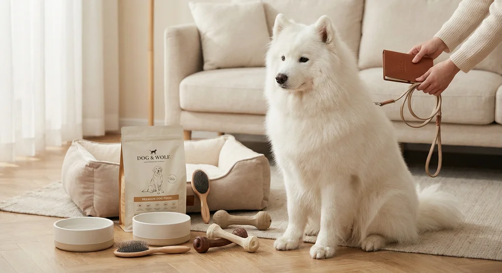 Biały samojed siedzący obok wyprawki: legowiska, karmy, misek i zabawek. W tle dłoń trzymająca smycz.