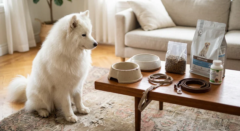 Puszysty biały samojed siedzi przy stoliku, na którym leżą miski, karma, smycze i suplementy.