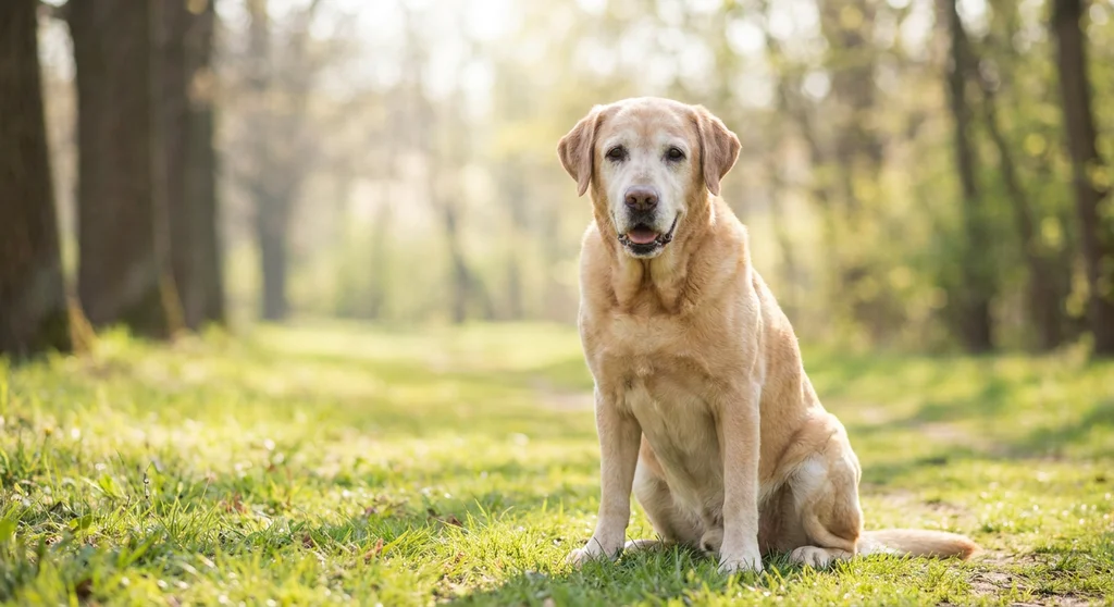 Starszy, biszkoptowy labrador z posiwiałym pyszczkiem siedzi na zielonej trawie w słonecznym parku.