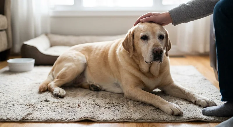 Starszy, biszkoptowy labrador leży na dywanie w pokoju, a ręka człowieka czule gładzi go po głowie.