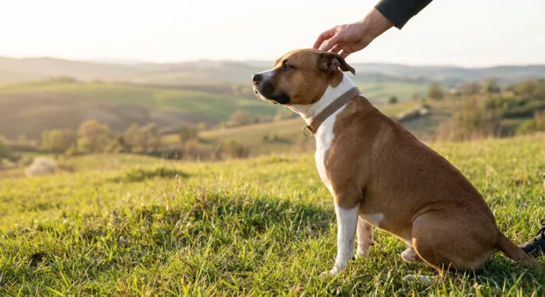 Brązowo-biały pies rasy amstaff siedzi na zielonej trawie i jest głaskany po głowie przez człowieka. W tle wzgórza.