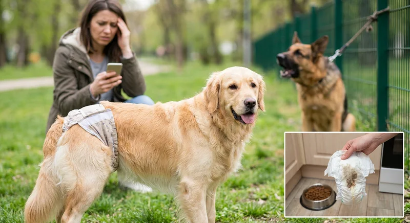 Kobieta w parku patrzy na telefon, obok niej stoi złoty retriever w pieluszce, a w tle szczeka pies na smyczy.