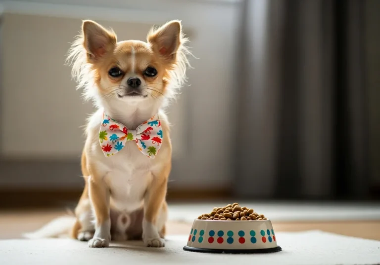 Elegancki chihuahua w kolorowej muszce siedzący obok miski z karmą, gotowy do wyliczonego posiłku.