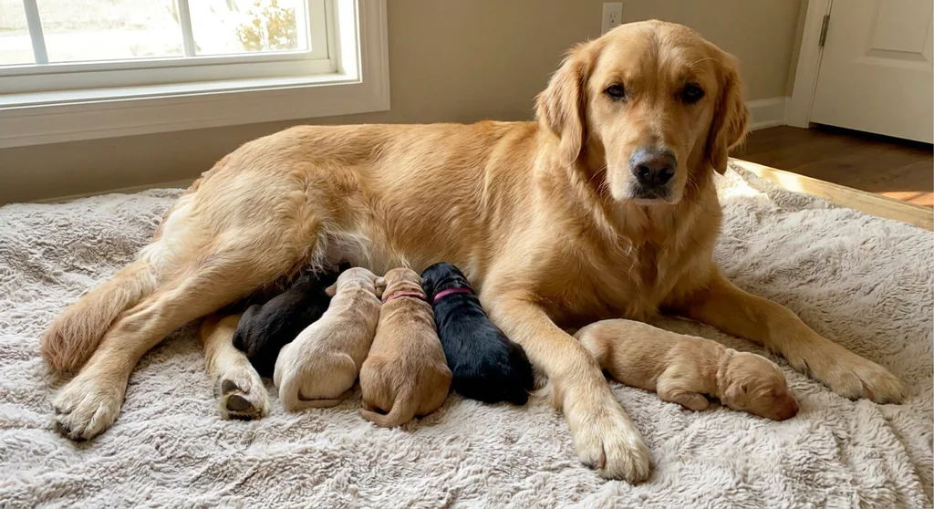 Suka rasy golden retriever leżąca na kocu i karmiąca pięć nowonarodzonych szczeniąt: trzy jasne i dwa ciemne.