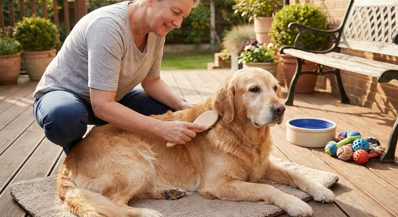 Kobieta szczotkuje sierść psa rasy golden retriever leżącego na tarasie.