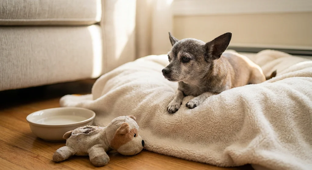 Starszy pies rasy chihuahua leży na miękkim legowisku obok miski z wodą i pluszowej zabawki.