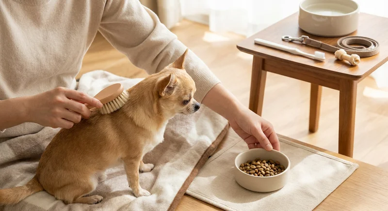 Czesanie małego psa chihuahua szczotką, obok miska z karmą i akcesoria do pielęgnacji.