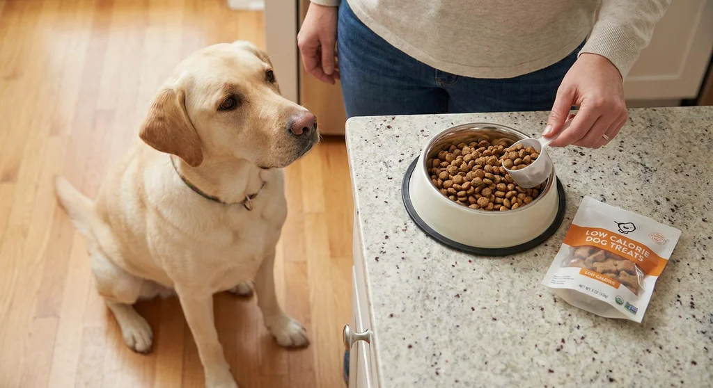Biszkoptowy labrador patrzy na karmę odmierzaną miarką do miski obok niskokalorycznych przysmaków.