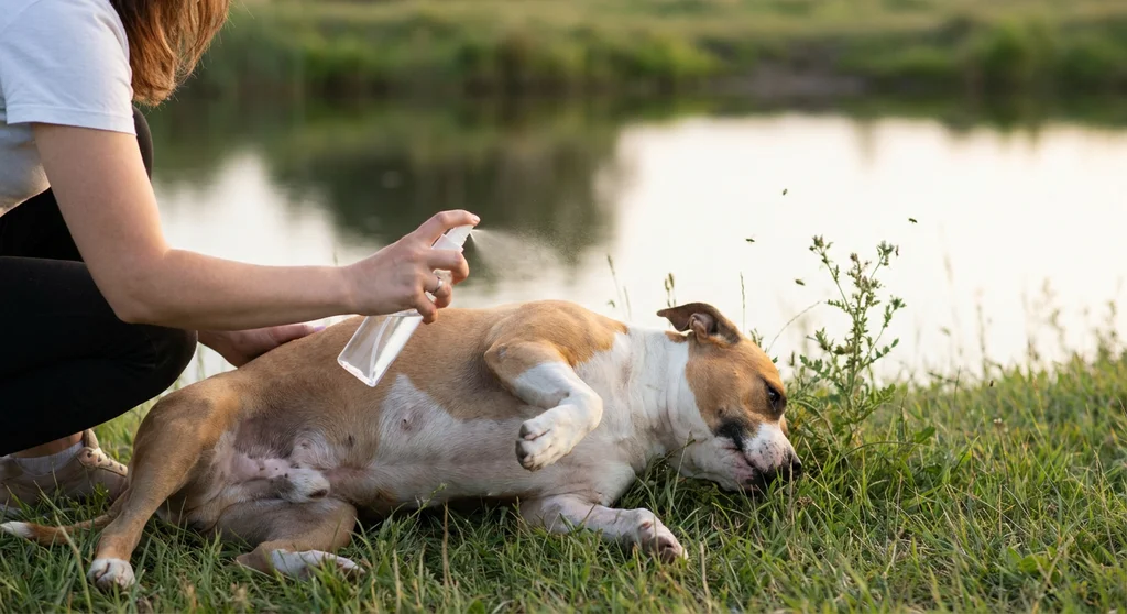Kobieta spryskuje sprayem ochronnym brzuch leżącego na trawie psa rasy amstaff, nad wodą.