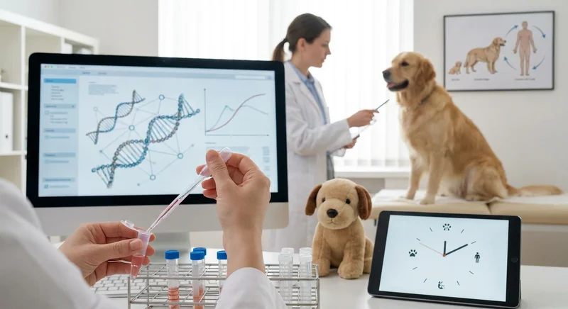 Laboratorium badawcze: naukowiec analizujący próbki DNA, w tle golden retriever, zabawka psa i tablet z zegarem wieku psa i człowieka.