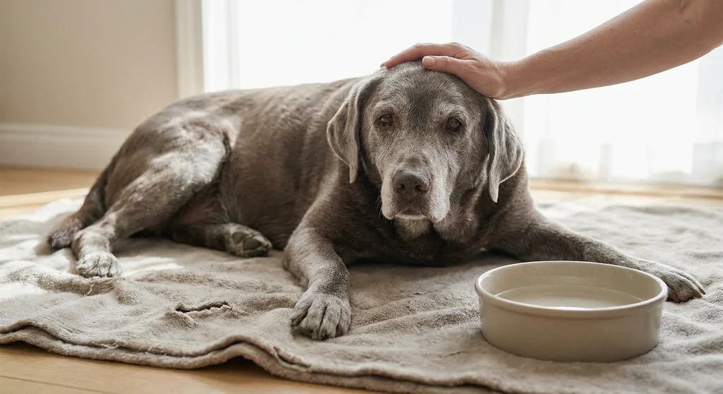 Starszy, osłabiony labrador leży na kocu obok miski z wodą, czule głaskany po głowie przez człowieka.