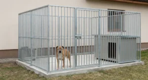 Amstaff w solidnym, metalowym kojcu z betonowym fundamentem i zadaszoną budą, umieszczonym przy ścianie budynku.