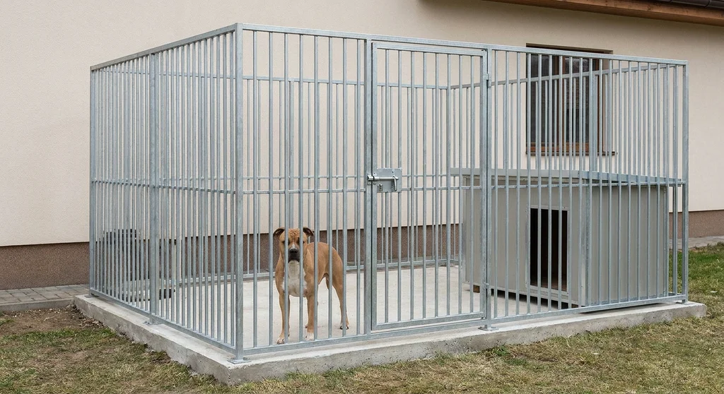Amstaff w solidnym, metalowym kojcu z betonowym fundamentem i zadaszoną budą, umieszczonym przy ścianie budynku.