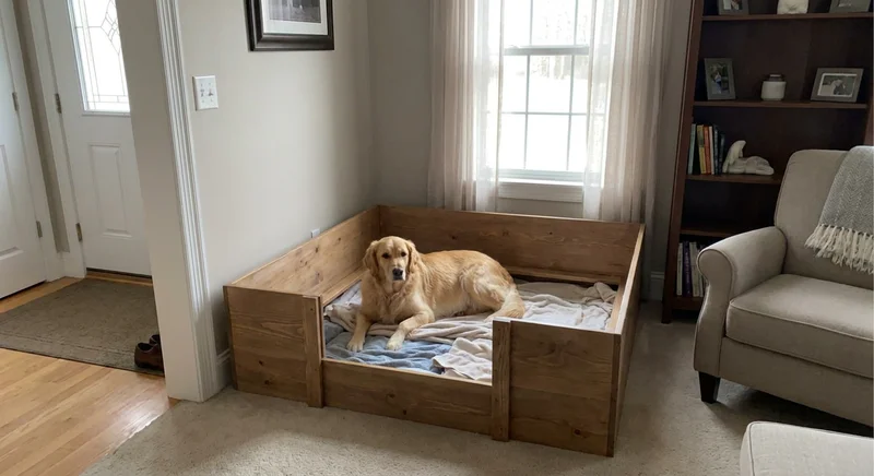 Golden retriever leży w drewnianym kojcu porodowym wyścielonym kocami, ustawionym w rogu pokoju.