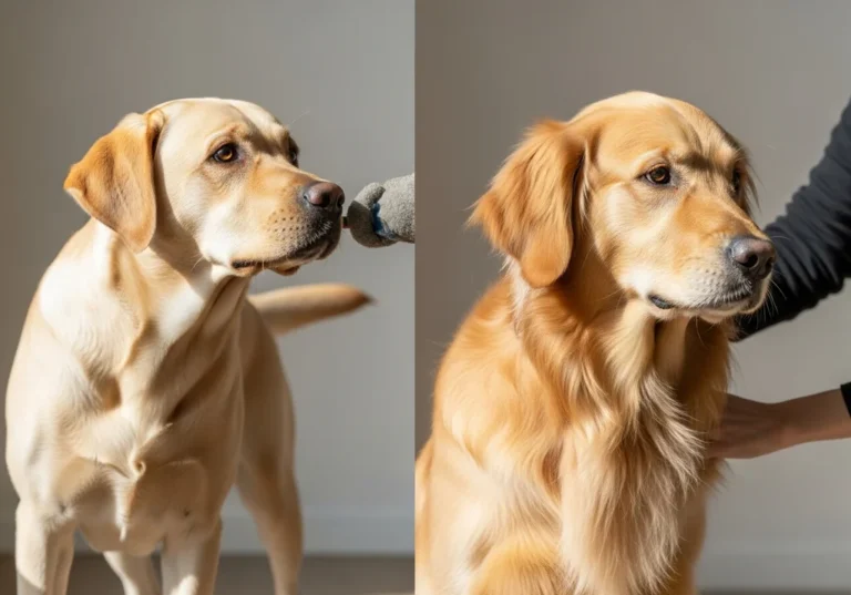 Zestawienie dwóch psów: po lewej krótkowłosy labrador, po prawej długowłosy golden retriever.
