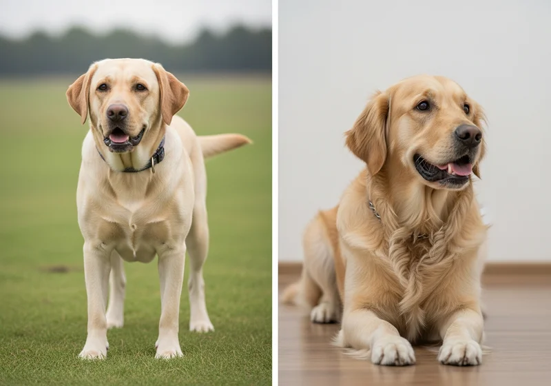 Labrador retriever stojący na trawie oraz leżący na podłodze golden retriever – dwie rasy narażone na problemy ze stawami.