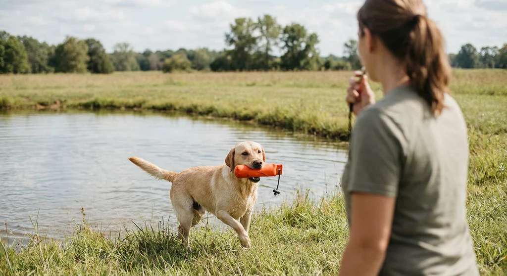 Żółty labrador wychodzi z wody z pomarańczowym aportem w pysku, patrząc na stojącą tyłem kobietę z gwizdkiem.