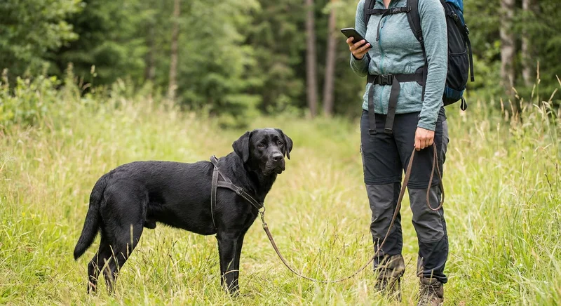 Czarny labrador w szelkach stoi na leśnej ścieżce obok opiekuna z telefonem, ilustrując trening posłuszeństwa w terenie.