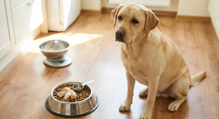 Złoty labrador siedzący na podłodze obok miski z karmą oraz wagi kuchennej służącej do dokładnego odważania porcji jedzenia.