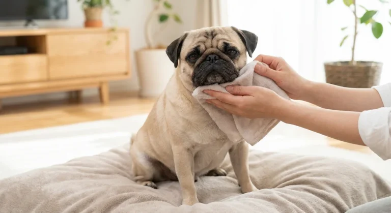 Mops siedzący na legowisku, któremu człowiek delikatnie przeciera i osusza fałdy na pyszczku beżowym ręcznikiem.