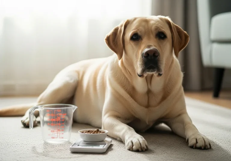 Labrador leżący obok wagi kuchennej z miską karmy i miarką, ilustrujący precyzyjne odważanie posiłków w diecie psa.