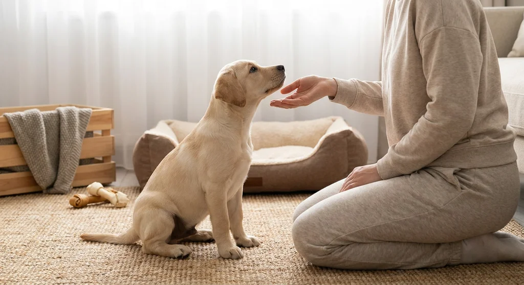 Jasny szczeniak rasy labrador siedzi na dywanie i patrzy na dłoń klęczącej przed nim osoby w jasnym dresie.
