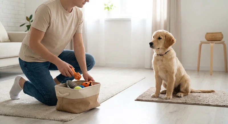 Mężczyzna chowa zabawki do kosza w uporządkowanym pokoju, a młody golden retriever siedzi spokojnie i patrzy na niego.