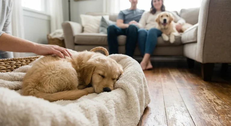 Śpiący w miękkim legowisku szczeniak golden retrievera głaskany przez właściciela, w tle para z dorosłym psem na kanapie.