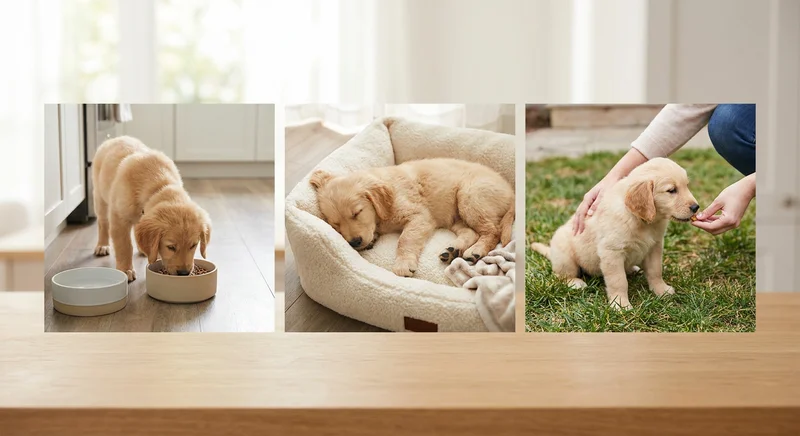 Trzy zdjęcia szczeniaka golden retrievera: podczas jedzenia z miski, spania w legowisku oraz dostawania smakołyka na trawie.