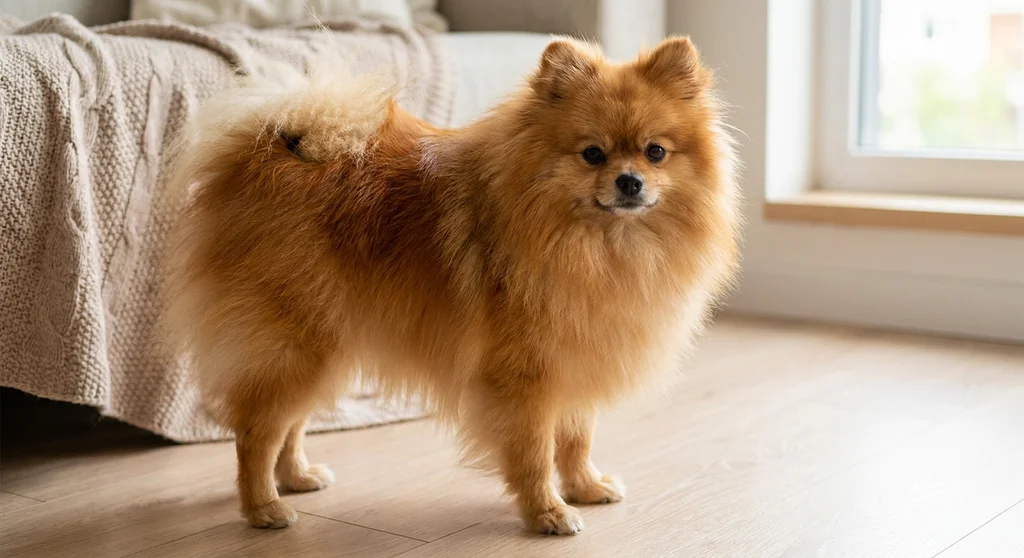Puszysty, rudo-złoty szpic miniaturowy (pomeranian) z obfitą, dwuwarstwową sierścią stoi na jasnej podłodze.