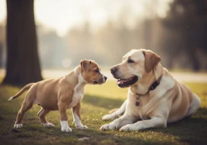Szczeniak amstaffa w kontakcie z dorosłym labradorem podczas spokojnej socjalizacji na trawniku.
