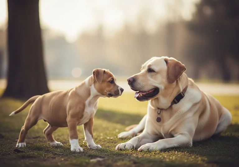 Szczeniak amstaffa w kontakcie z dorosłym labradorem podczas spokojnej socjalizacji na trawniku.
