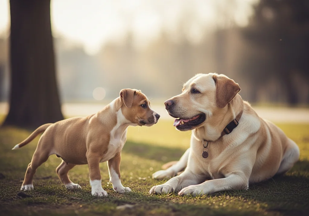 Szczeniak amstaffa w kontakcie z dorosłym labradorem podczas spokojnej socjalizacji na trawniku.