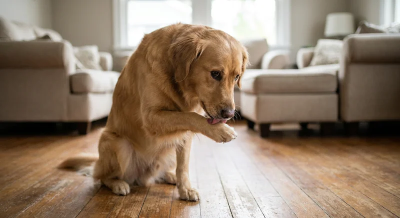 Złoty retriever siedzący na drewnianej podłodze, intensywnie i z niepokojem lżący swoją uniesioną przednią łapę.