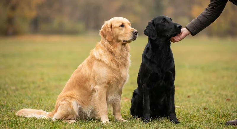 Siedzące obok siebie psy: złoty golden retriever i czarny flat coated retriever, którego głowę gładzi ludzka dłoń.