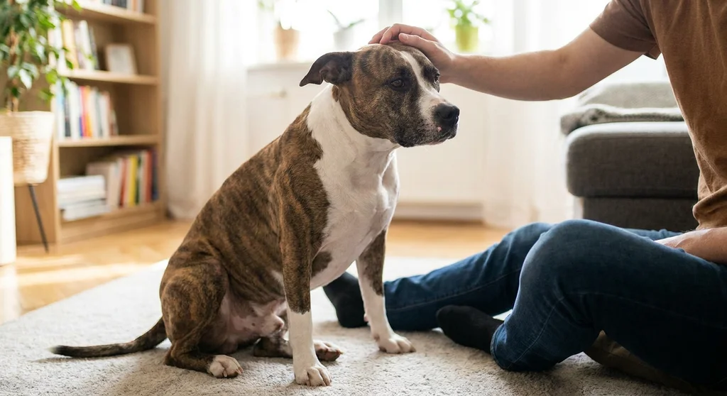 Spokojny, pręgowany amstaff siedzący na dywanie i łagodnie głaskany po głowie przez człowieka.