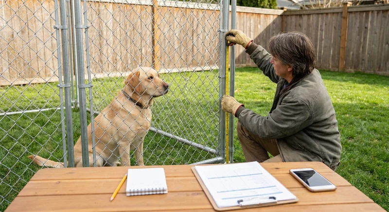 Mężczyzna mierzy miarką wysokość kojca z labradorem. Na pierwszym planie stół z dokumentami.