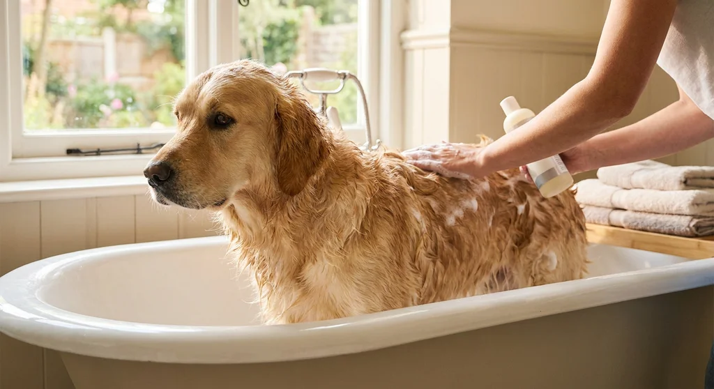Kąpiel psa rasy golden retriever w wannie z użyciem specjalnego szamponu.