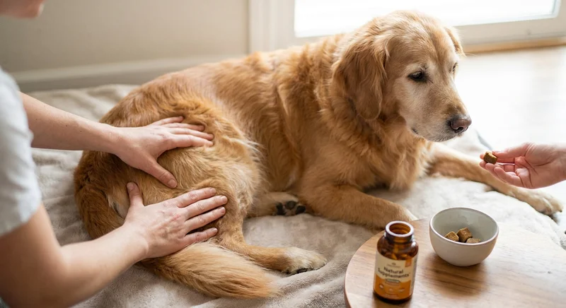 Masaż biodra starszego golden retrievera i podawanie mu naturalnych suplementów diety.