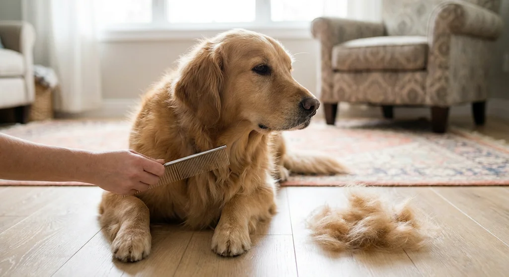 Czesanie psa rasy golden retriever metalowym grzebieniem. Obok na podłodze leży kępka wyczesanej sierści.
