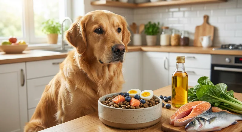 Golden retriever obok miski z karmą z łososiem, jajkiem i borówkami, oraz butelki oleju i świeżych ryb.