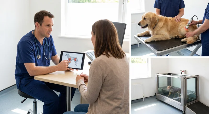 Konsultacja weterynaryjna oraz rehabilitacja psa za pomocą laseroterapii i bieżni wodnej.