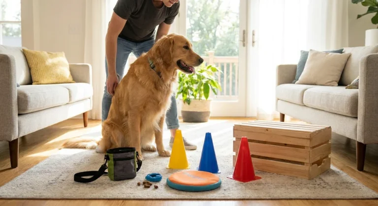 Golden retriever i jego opiekun podczas domowego treningu sztuczek z użyciem kolorowych pachołków.