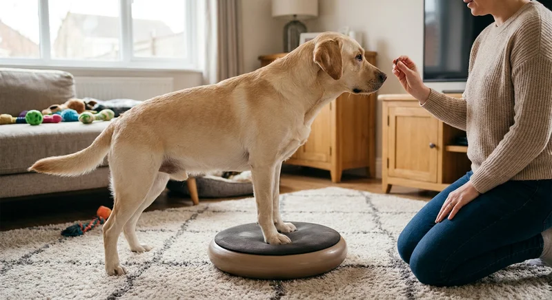 Biszkoptowy labrador stoi przednimi łapami na dysku balansowym przed klęczącą kobietą trzymającą smakołyk.