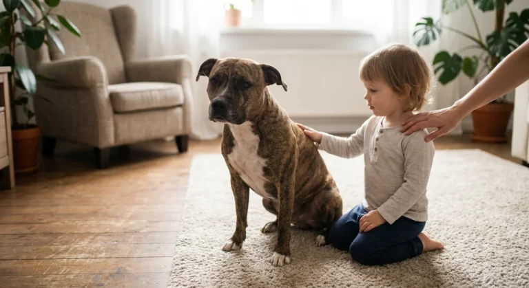 Małe dziecko głaszcze spokojnego psa rasy amstaff pod czujnym nadzorem dorosłego opiekuna.