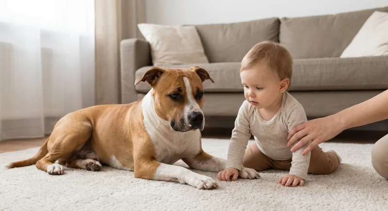 Amstaff leżący na dywanie obok raczkującego dziecka, asekurowanego dłonią dorosłego.